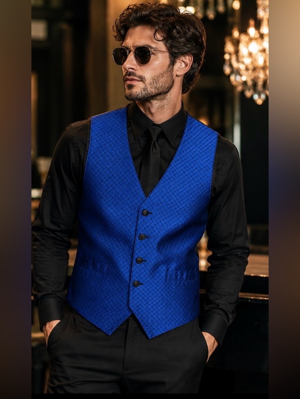 New Men Small Formal Blue Tuxedo Suit Vest Wedding Prom HOCO Party Pockets NWT